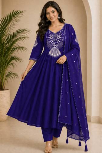  violet heay roman silk with embroidery work embroidery  kurta set