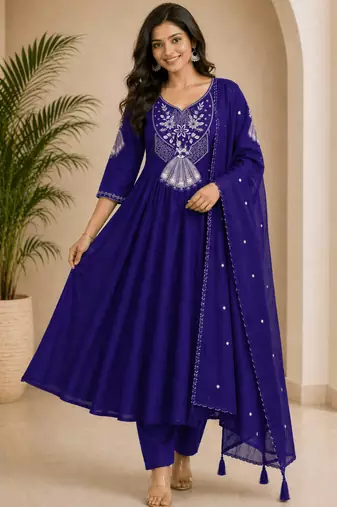  violet heay roman silk with embroidery work embroidery  kurta set