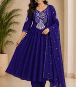  violet heay roman silk with embroidery work embroidery  kurta set