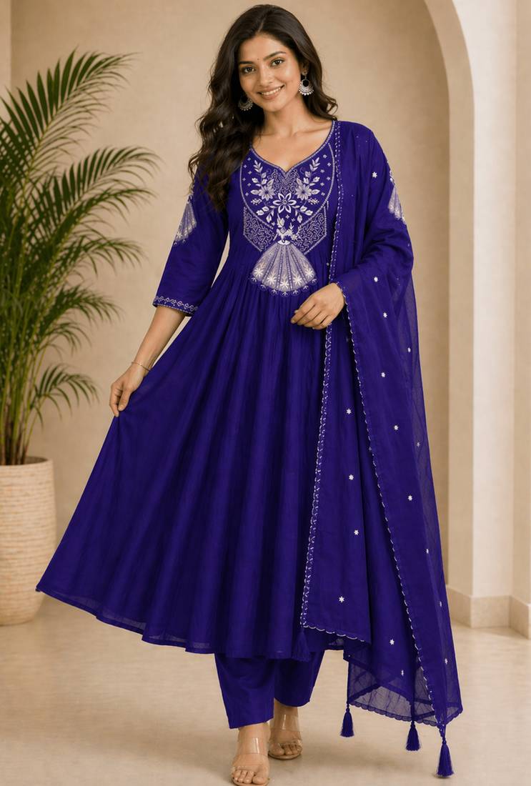  violet heay roman silk with embroidery work embroidery  kurta set