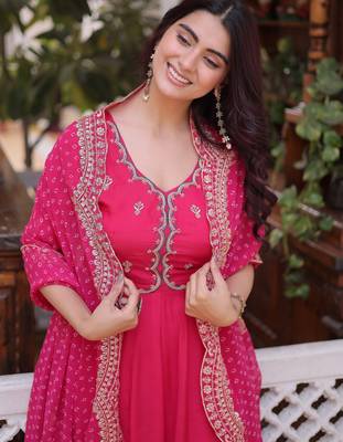 rani pink chanderi anarkali suit with beads zari work 6