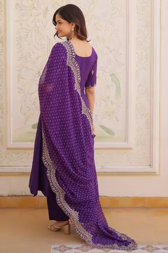 purple chanderi anarkali suit with thread embroidery zari work