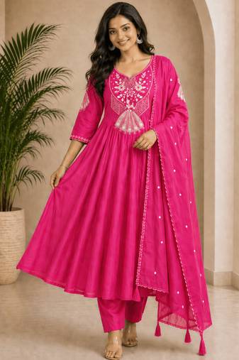  pink heay roman silk with embroidery work embroidery  kurta set