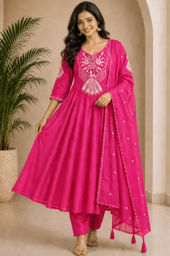  pink heay roman silk with embroidery work embroidery  kurta set