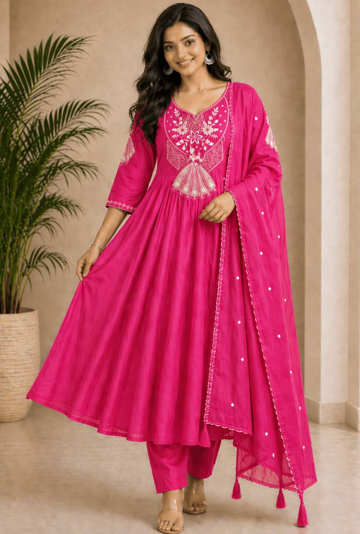  pink heay roman silk with embroidery work embroidery  kurta set