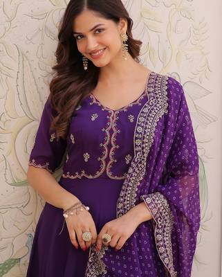 purple chanderi anarkali suit with thread embroidery zari work 7