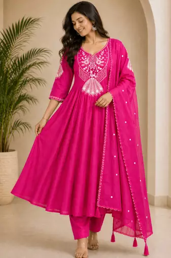 pink silk blend kurta set with thread embroidery