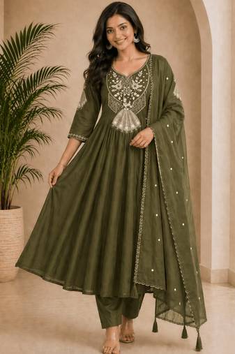 green heay roman silk with embroidery work embroidery  kurta set
