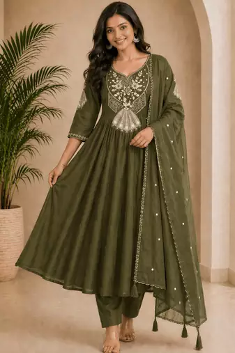  green heay roman silk with embroidery work embroidery  kurta set