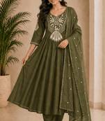  green heay roman silk with embroidery work embroidery  kurta set