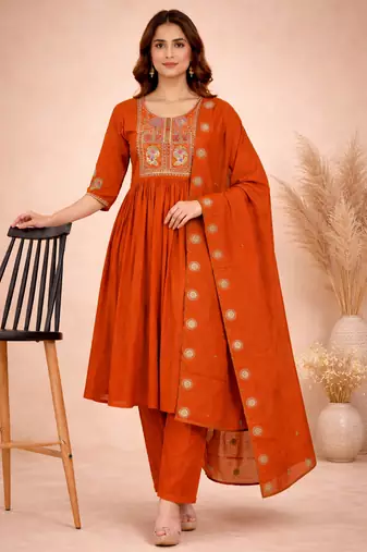 orange heay roman silk with embroidery work embroidery  kurta set