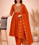  orange heay roman silk with embroidery work embroidery  kurta set