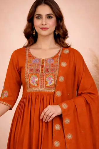orange silk blend kurta set with woven work