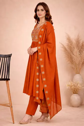 orange silk blend kurta set with woven work