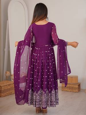 purple georgette anarkali set with silver sequins work 6