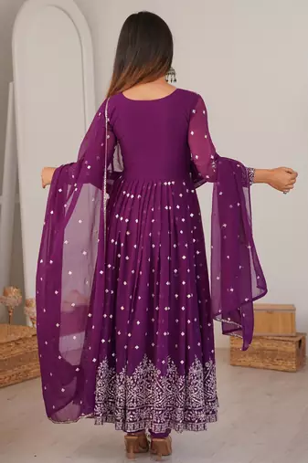 purple georgette anarkali set with silver sequins work