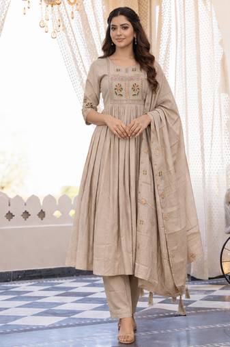  cream heay roman silk with embroidery work embroidery  kurta set