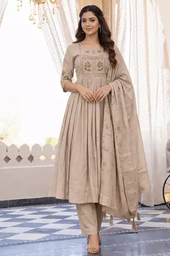  cream heay roman silk with embroidery work embroidery  kurta set