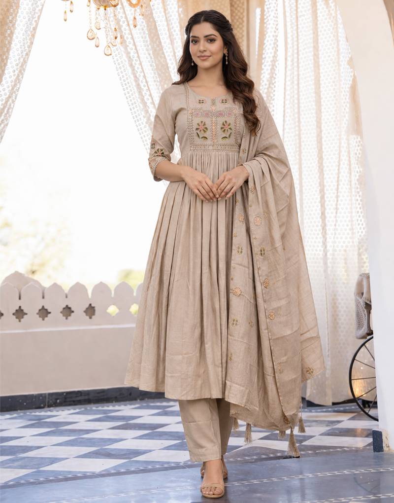  cream heay roman silk with embroidery work embroidery  kurta set