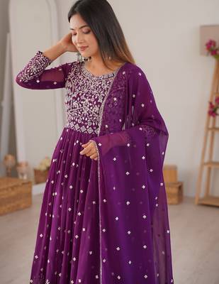 purple georgette anarkali set with silver sequins work 7