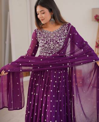 purple georgette anarkali set with silver sequins work 8