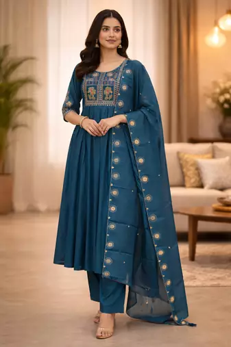  turquise heay roman silk with embroidery work embroidery  kurta set