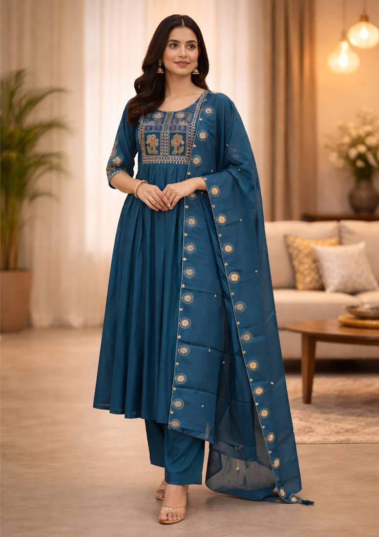  turquise heay roman silk with embroidery work embroidery  kurta set