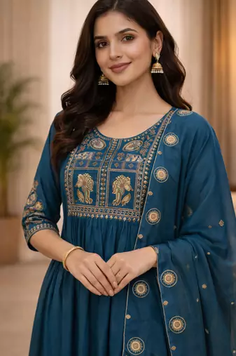 light turquoise silk blend kurta set with thread work