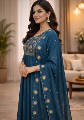light turquoise silk blend kurta set with thread work 3
