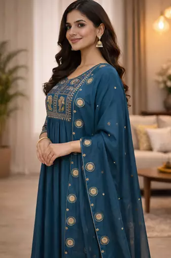 light turquoise silk blend kurta set with thread work