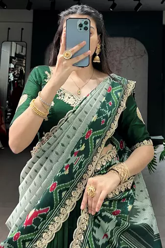 Precious Green Thread Work Silk Mehendi Wear Half Saree Lehenga