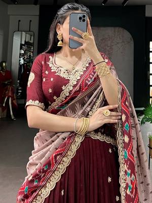 Lovable Maroon Embroidered Silk Wedding Wear Half Saree Lehenga 6