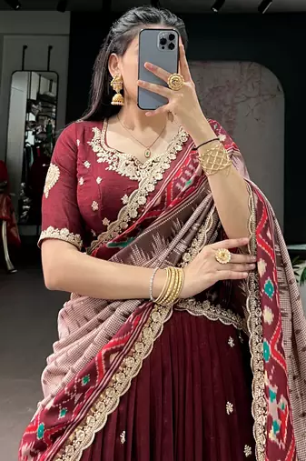 Lovable Maroon Embroidered Silk Wedding Wear Half Saree Lehenga