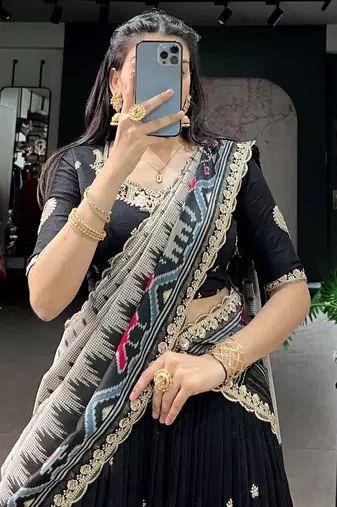 Captivating Black Sequins Work Silk Designer Half Saree Lehenga