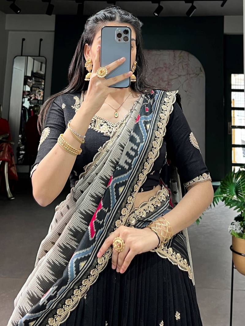Captivating Black Sequins Work Silk Designer Half Saree Lehenga