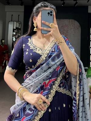 rich navy blue thread embroidered silk festive wear half saree 6