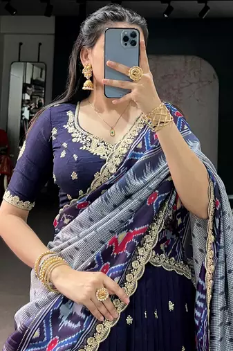 rich navy blue thread embroidered silk festive wear half saree