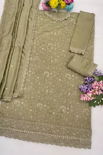 sage green silk palazzo suit with thread work