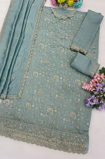 light blue silk salwarkameez with thread work