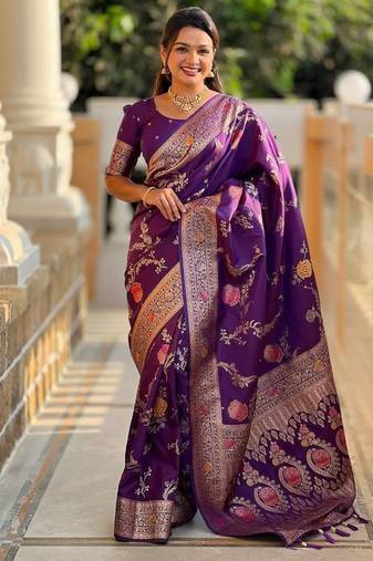 Dark Purple Color zari weaving Work Silk Saree