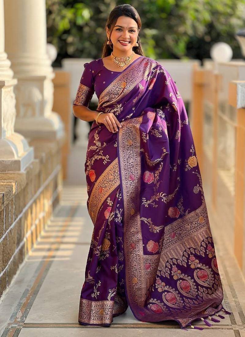 Dark Purple Color zari weaving Work Silk Saree