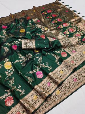 Green Color zari weaving Work art silk saree 3