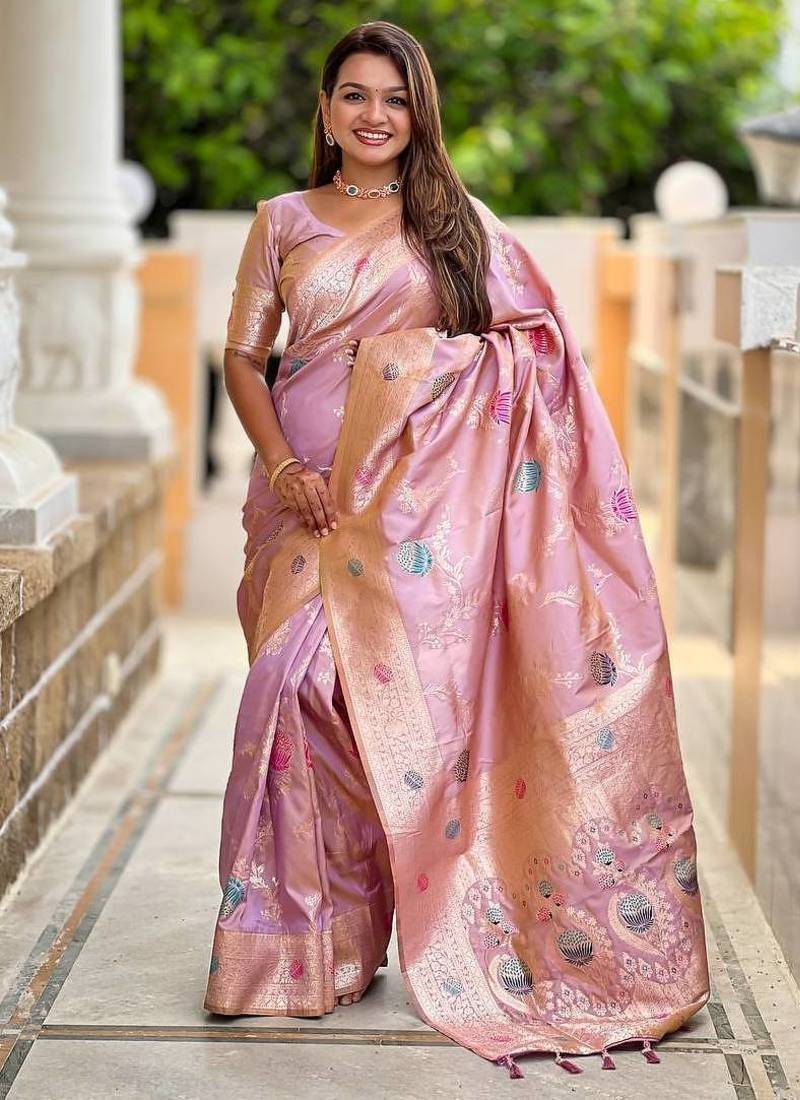 Lavender Color zari weaving Work Silk Saree
