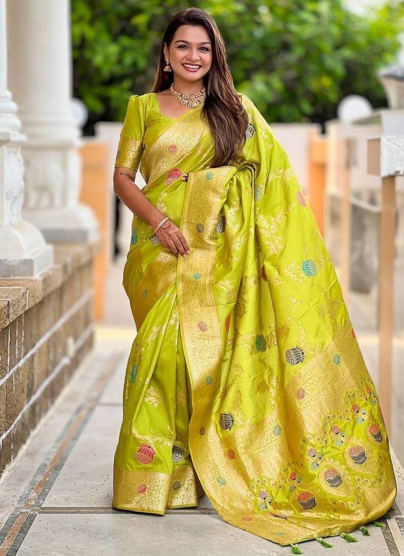 Parrot Green Color zari weaving Work Silk Saree