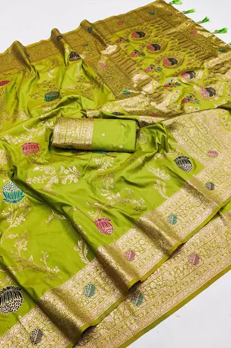 Parrot Green Color zari weaving Work art silk saree