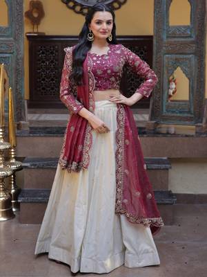 off white silk engagement lehenga with zari sequins work 1