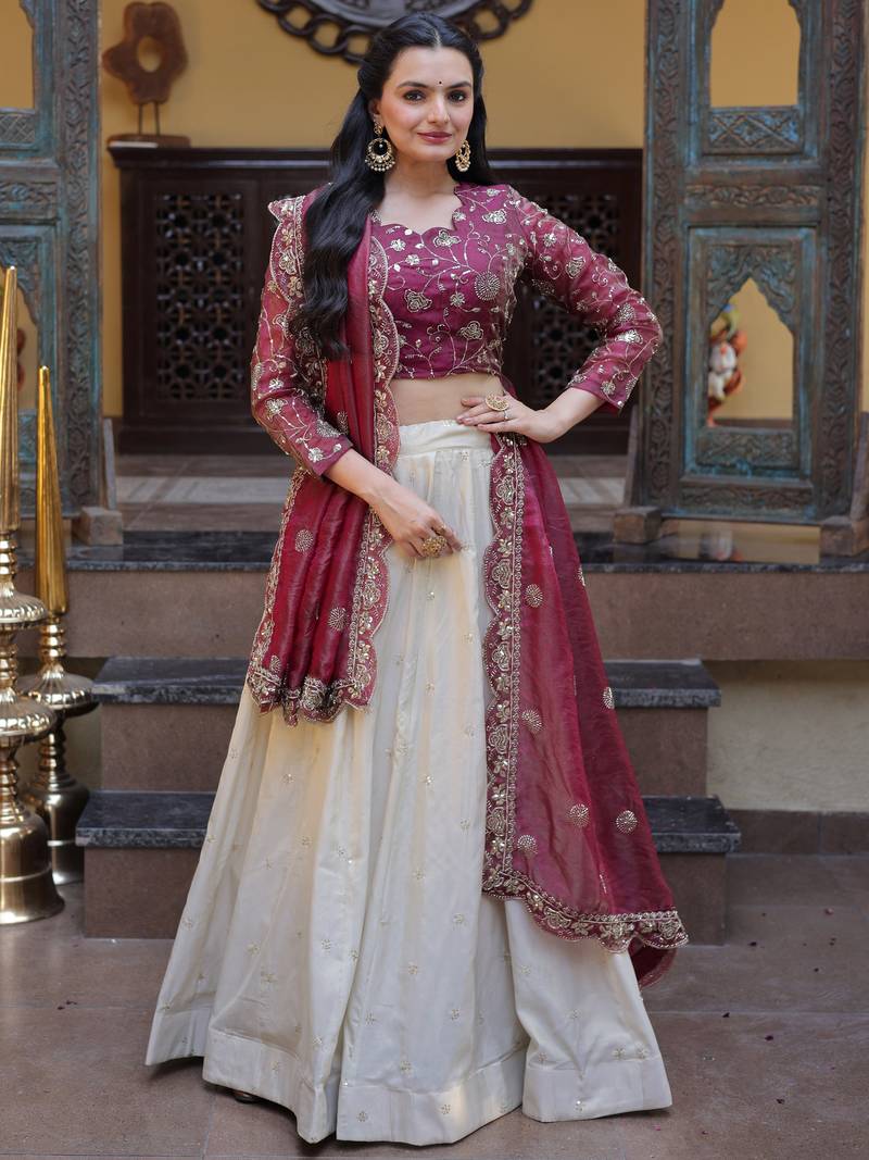 Sparkling Magenta Zari Work Silk Engagement Wear Lehenga Choli