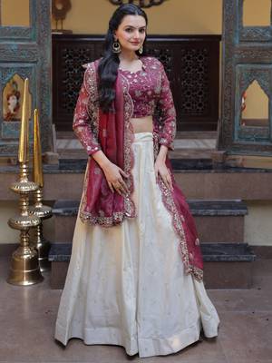 off white silk engagement lehenga with zari sequins work 2