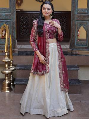 off white silk engagement lehenga with zari sequins work 3
