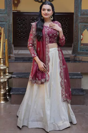 off white silk engagement lehenga with zari sequins work